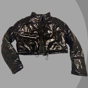 Women's Daisy Black Glossy Puffer Jacket, Size Small
